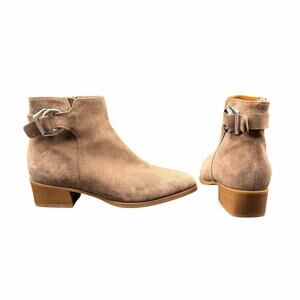 Aquatalia Faria Taupe Suede Buckle Ankle Boots 9.5 Waterproof Low Heel